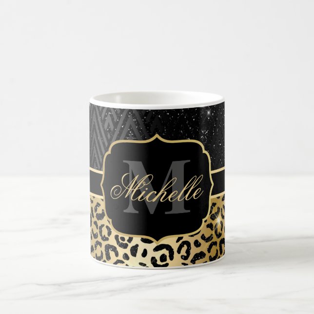 Black & Gold Glitter Glam Leopard Spots & Art Deco Coffee Mug (Center)