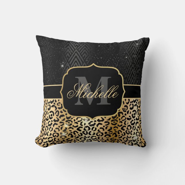 Black & Gold Glitter Glam Leopard Spots & Art Deco Cushion (Front)