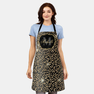 Black & Gold Glitter Glam Leopard Spots Print Apron