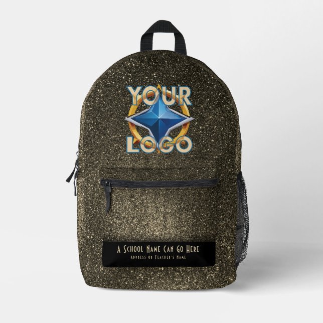 Black & Gold Glitter Glam Stylish Company Logo  Printed Backpack (Front)