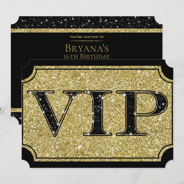 Black & Gold Glitter Glam VIP Party Event Ticket Invitation (Front/Back)