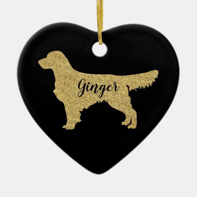 Black Gold Glitter Golden Retriever Ceramic Tree Decoration (Front)