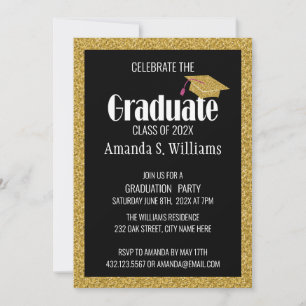 Black Gold Glitter Grad Cap Graduation Party Invitation