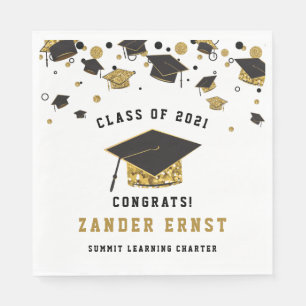Black & Gold Glitter Graduation Cap  Class of 2021 Napkin