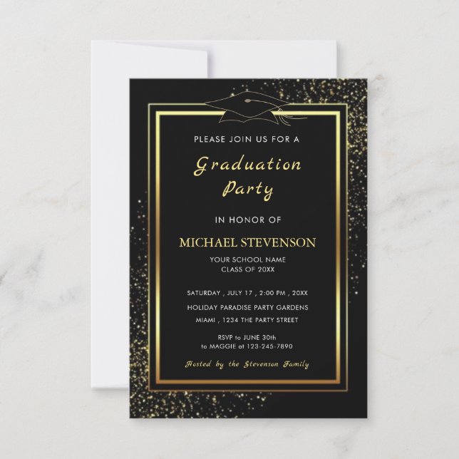 Black Gold Glitter Graduation Invitation Template (Front)