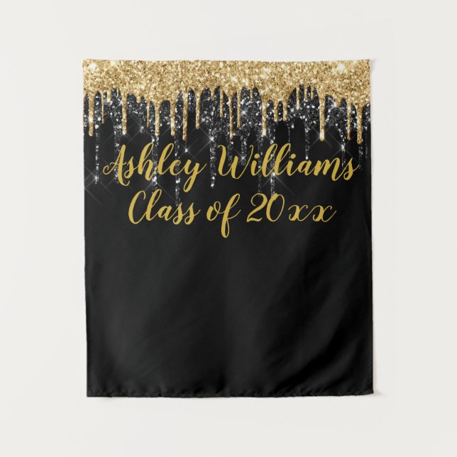 Black Gold Glitter Graduation Party Photo Booth Tapestry (Front)