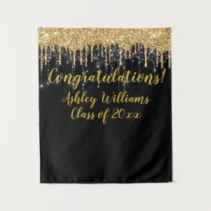 Black Gold Glitter Graduation Photo Booth Backdrop Tapestry