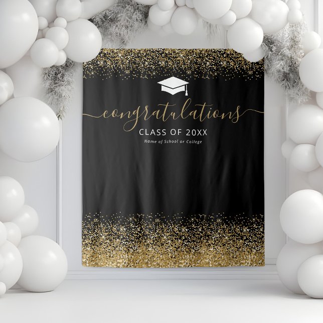 Black Gold Glitter Graduation Photo Booth Tapestry (Creator Uploaded)