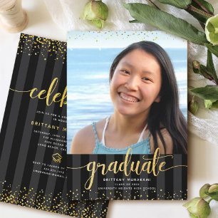 Black gold glitter graduation photo modern script invitation