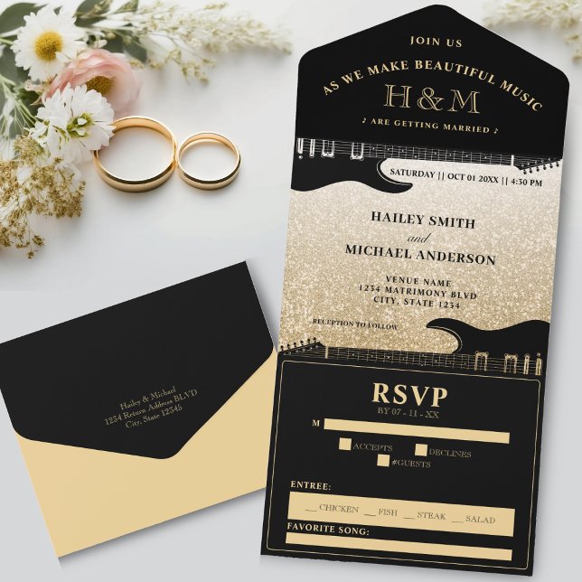 Black & Gold Glitter Guitar Wedding All In One Invitation (Black & Gold Glitter Guitar Wedding All In One Invitation)