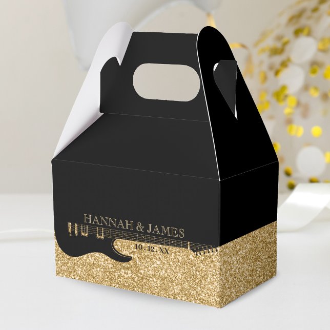 Black & Gold Glitter Guitar Wedding Favour Box (Black & Gold Glitter Guitar Wedding Favor Box)