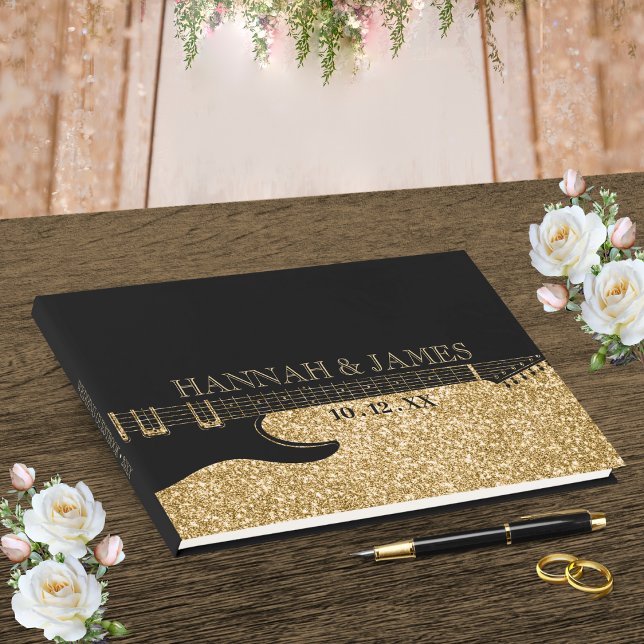 Black & Gold Glitter Guitar Wedding Guest Book (Black & Gold Glitter Guitar Wedding Guest Book)