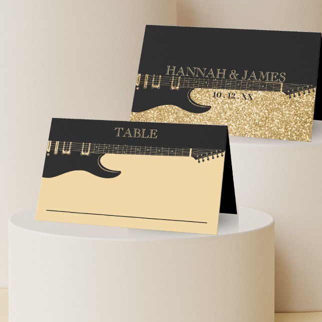 Black & Gold Glitter Guitar Wedding Place Card (Black & Gold Glitter Guitar Wedding Place Card)