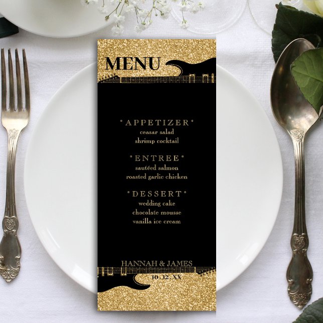 Black & Gold Glitter Guitar Wedding Reception Menu (Black & Gold Glitter Guitar Wedding Reception Menu)