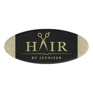 Black Gold Glitter Hair Stylist Scissors Logo Name Tag