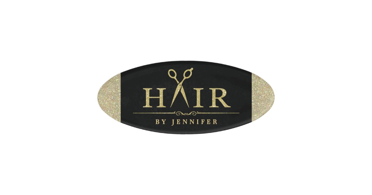 Black Gold Glitter Hair Stylist Scissors Logo Name Tag Zazzle Co Uk