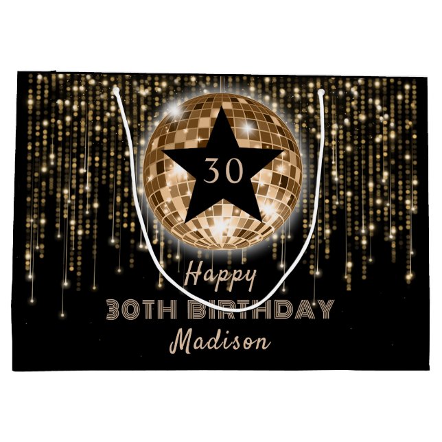 Black Gold Glitter Happy 30th Birthday Large Gift Bag (Back)