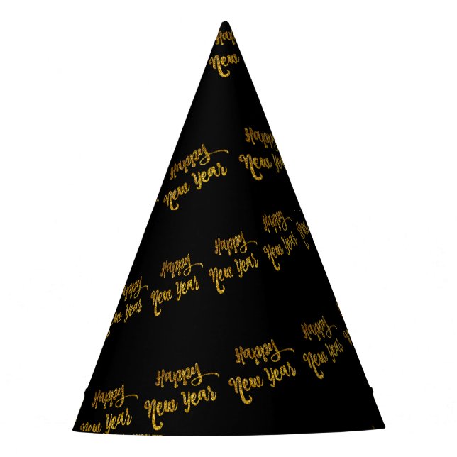 Black & Gold Glitter Happy New Year Party Hats (Front)