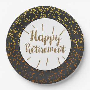 Black Gold Glitter Happy Retirement Paper Plate