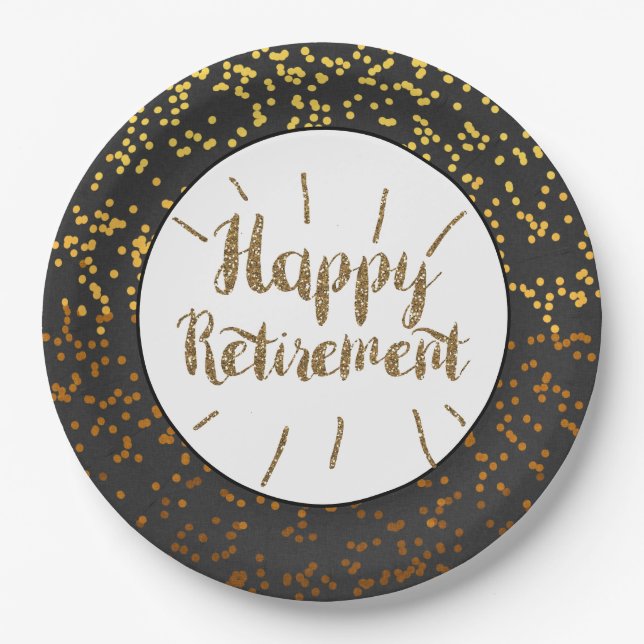 Black Gold Glitter Happy Retirement Paper Plate (Front)