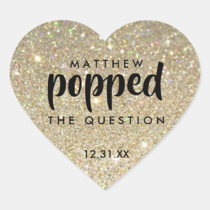 Black Gold Glitter He Popped the Question Heart Sticker