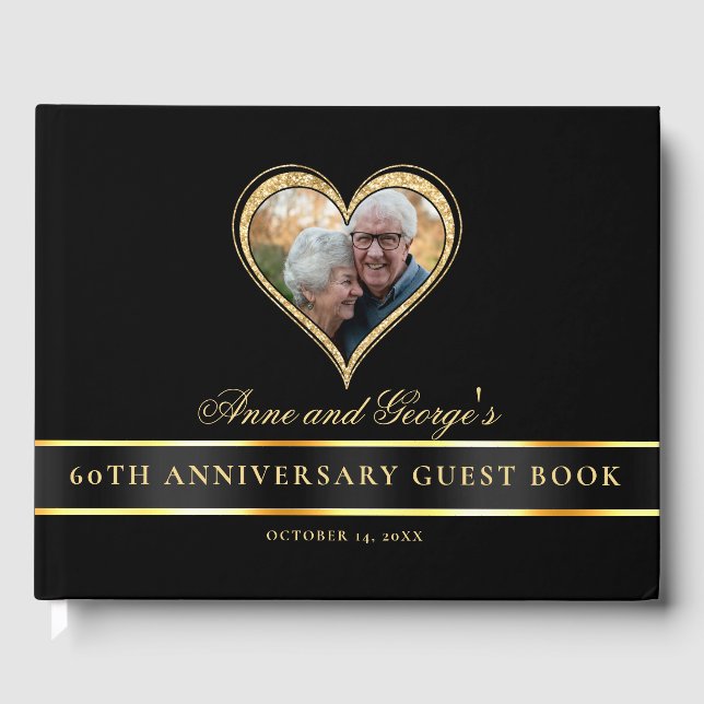 Black Gold Glitter Heart Photo 60th Anniversary Guest Book (Front)
