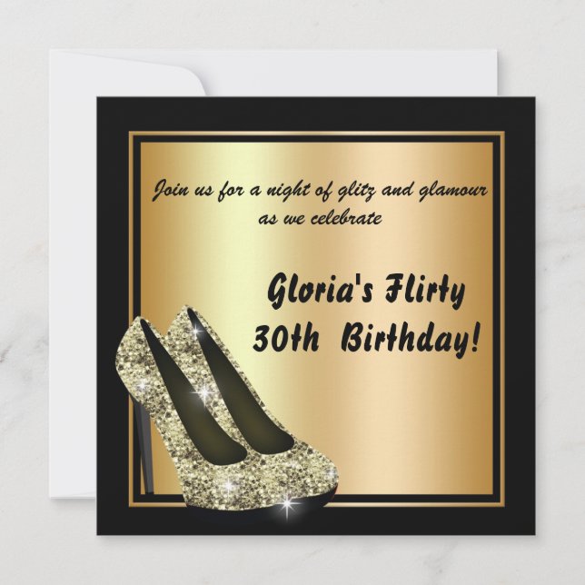 Black Gold Glitter High Heel Birthday Invitations (Front)