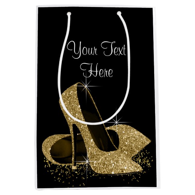 Black Gold Glitter High Heel Shoes Medium Gift Bag (Front)