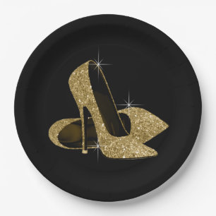 Black Gold Glitter High Heel Shoes Paper Plate