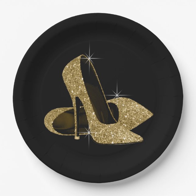 Black Gold Glitter High Heel Shoes Paper Plate (Front)