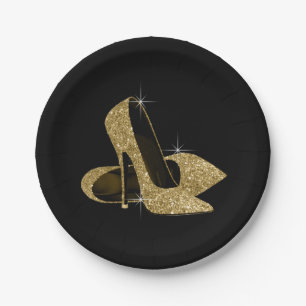 Black Gold Glitter High Heel Shoes Paper Plate