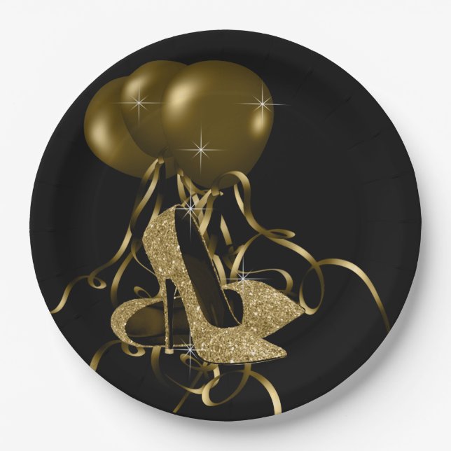 Black Gold Glitter High Heel Shoes Womans Birthday Paper Plate (Front)