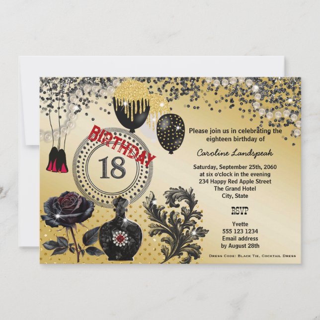 Black Gold Glitter & High Heels 18th Birthday Invitation (Front)