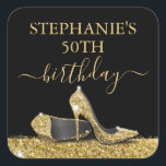 Black Gold Glitter High Heels Birthday Favour Square Sticker<br><div class="desc">Elegant and Chic Modern Gold and Black Happy Birthday Personalised Envelope Seal or Favour Labels with Faux Glitter Gold High Heel Stiletto Shoes and custom name calligraphy script cursive.</div>