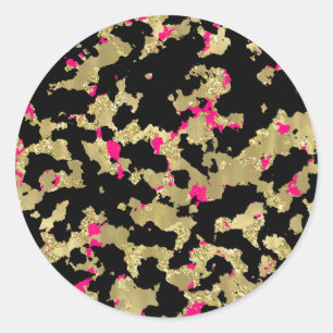 Black Gold Glitter Hot Pink Abstract Peeling Glam Classic Round Sticker