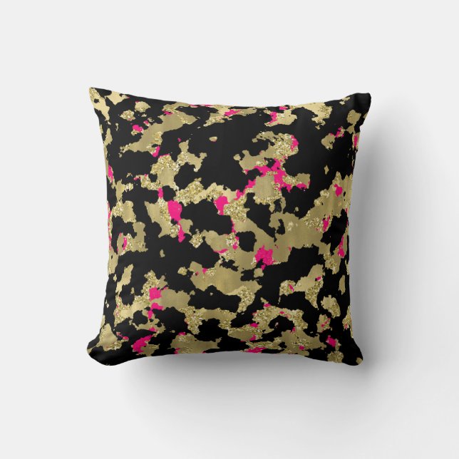 Black Gold Glitter Hot Pink Abstract Peeling Glam Cushion (Front)