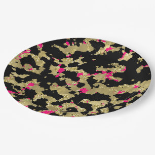 Black Gold Glitter Hot Pink Abstract Peeling Glam Paper Plate