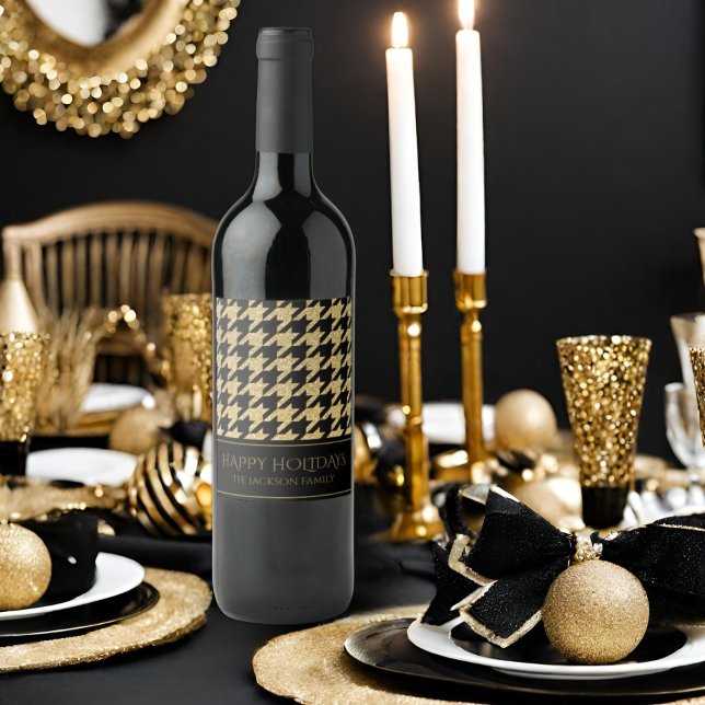 Black & Gold Glitter Houndstooth Happy Holidays Wine Label (Creator Uploaded)