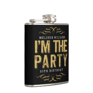 Black & Gold Glitter I'm The Party Modern Text Hip Flask