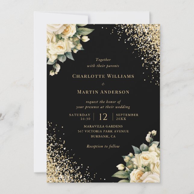 Black Gold Glitter Ivory Roses Floral Wedding Invitation (Front)