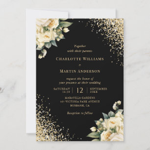 Black Gold Glitter Ivory Roses Floral Wedding Invitation
