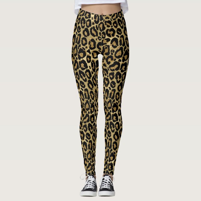 Black & Gold Glitter Jaguar Print Leggings (Front)