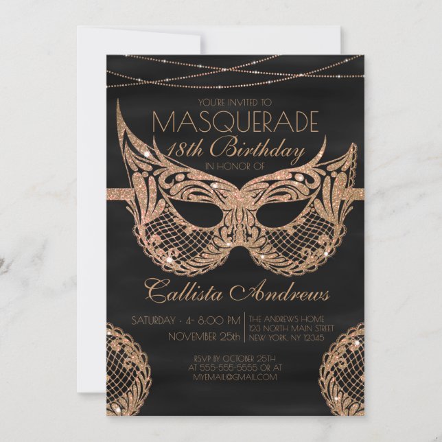 Black Gold Glitter Lace Masquerade Birthday Invitation (Front)