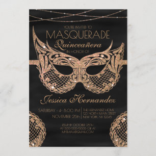 Black Gold Glitter Lace Masquerade Quinceañera Invitation