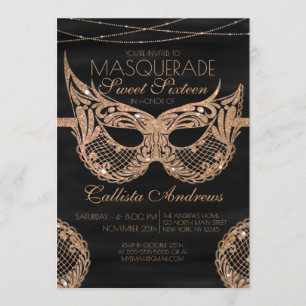 Black Gold Glitter Lace Masquerade Sweet 16 Invitation