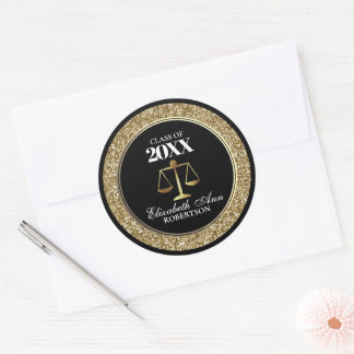 Black|Gold Glitter Law School Graduation Classic Round Sticker