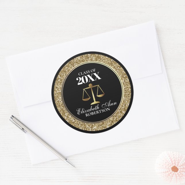 Black|Gold Glitter Law School Graduation Classic Round Sticker (Envelope)
