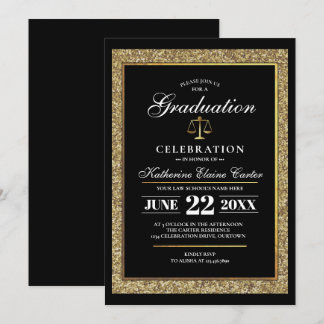 Black|Gold Glitter Law School Graduation Party Invitation