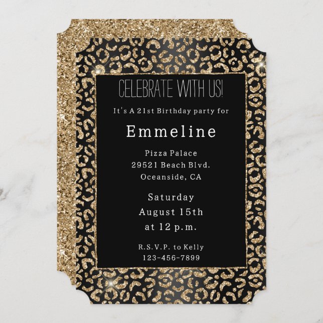 Black Gold Glitter Leopard  Invitation (Front/Back)