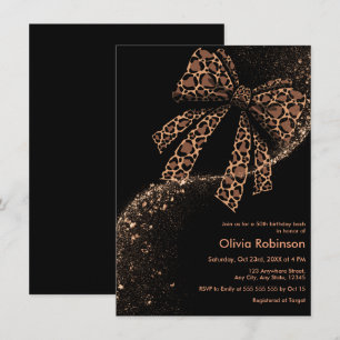 Black Gold Glitter Leopard Print Bow 50th Birthday Invitation